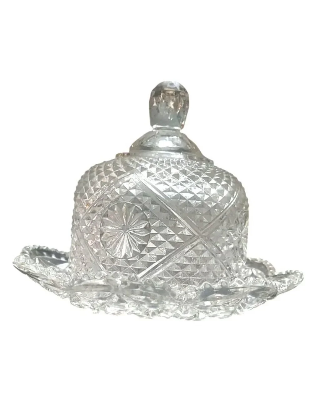 Glass Covered Butter Dish  Raised Diamond Cut Starburst Avon By Fostoria Vintage